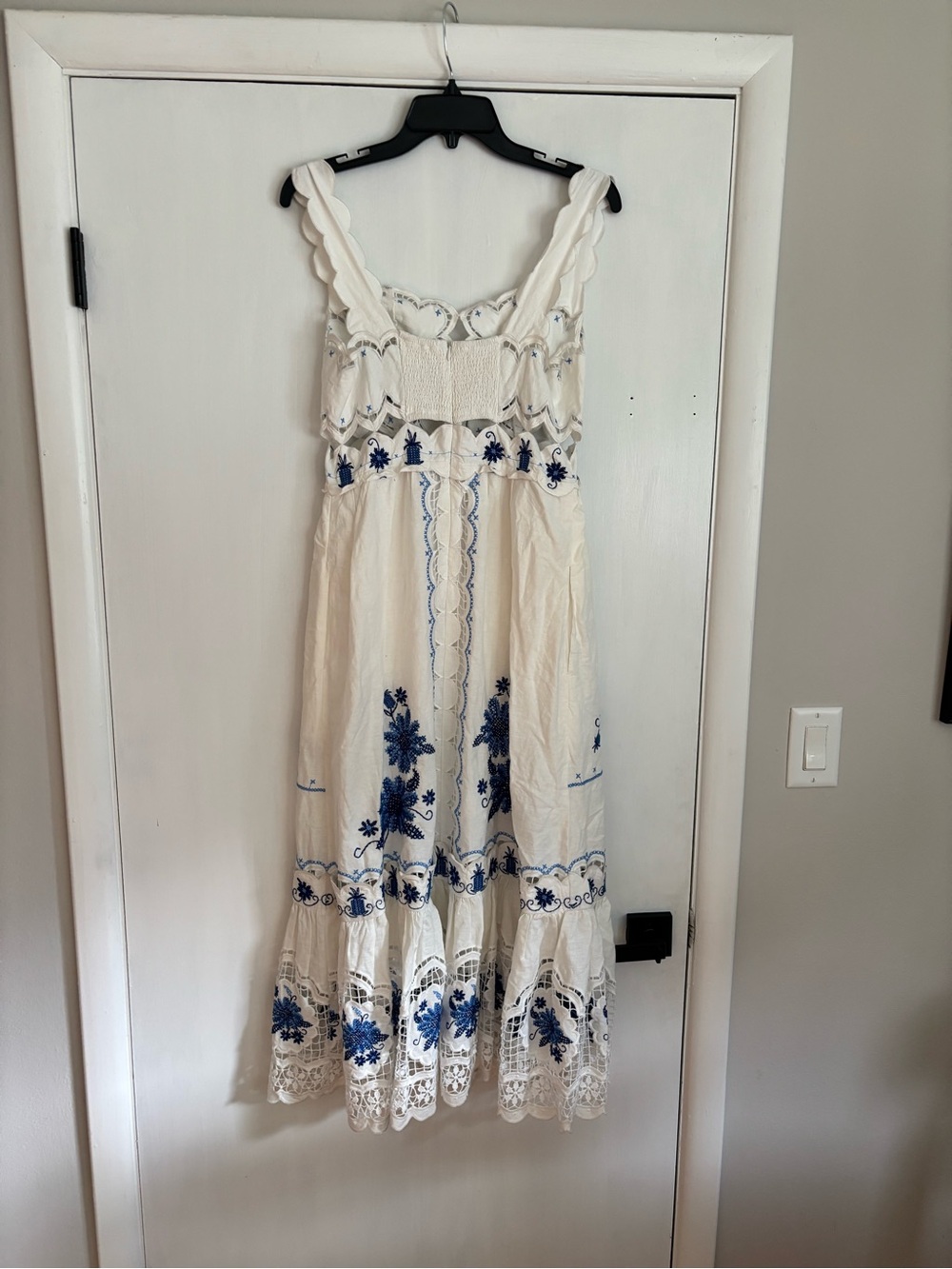 Farm Rio Cross Stitch Richelieu Sunflower Midi Dress white and blue sundress - Picture 8 of 10